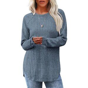 Women's Blue Crewneck Long Sleeve Tunic Loose Sweaters Shirts Tops Clothes